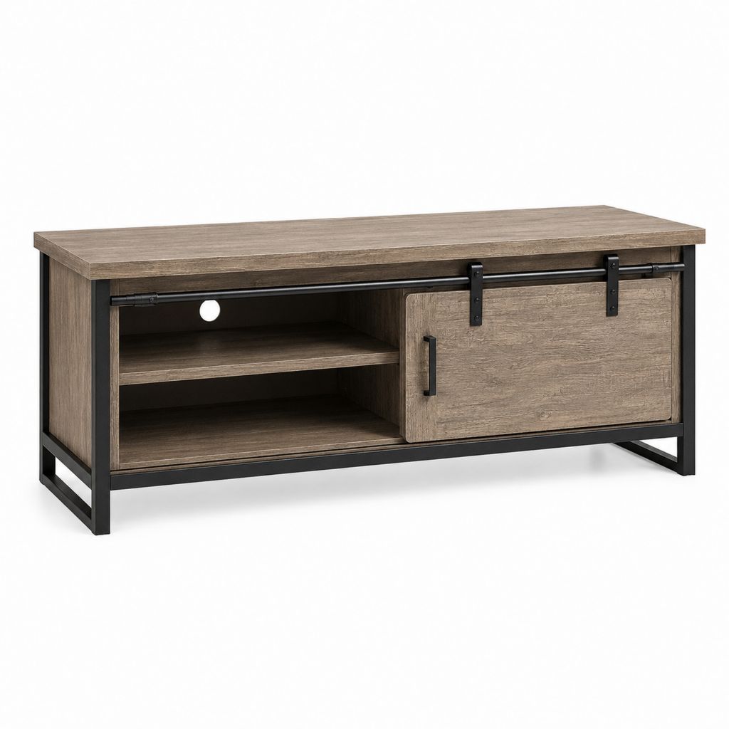 Mobile TV rectangulaire effet chêne brun et noir 120 × 40 × 57 cm en MDF mélaminé et acier avec porte coulissante