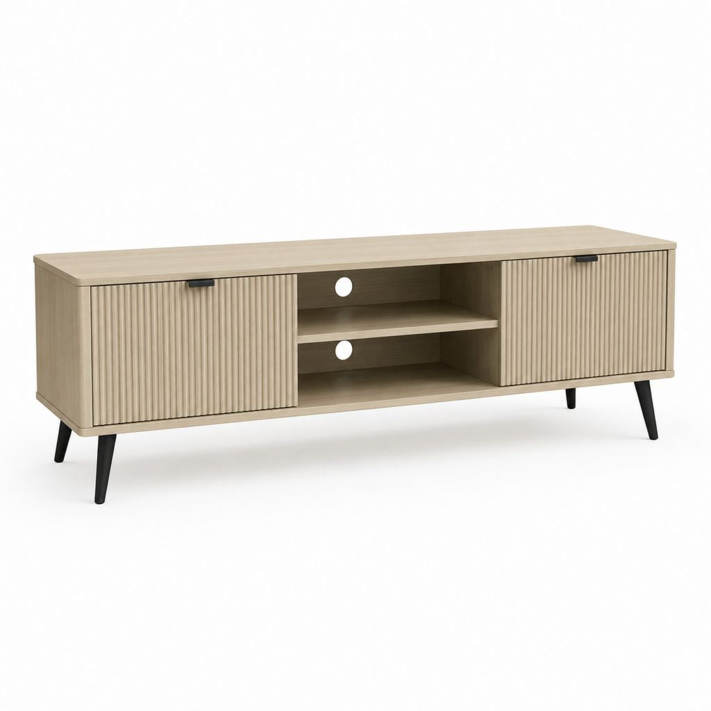 Mobile TV rectangulaire en bois avec 2 portes rainurées et 2 compartiments ouverts, 160 × 40 × 60 cm, chêne clair et noir