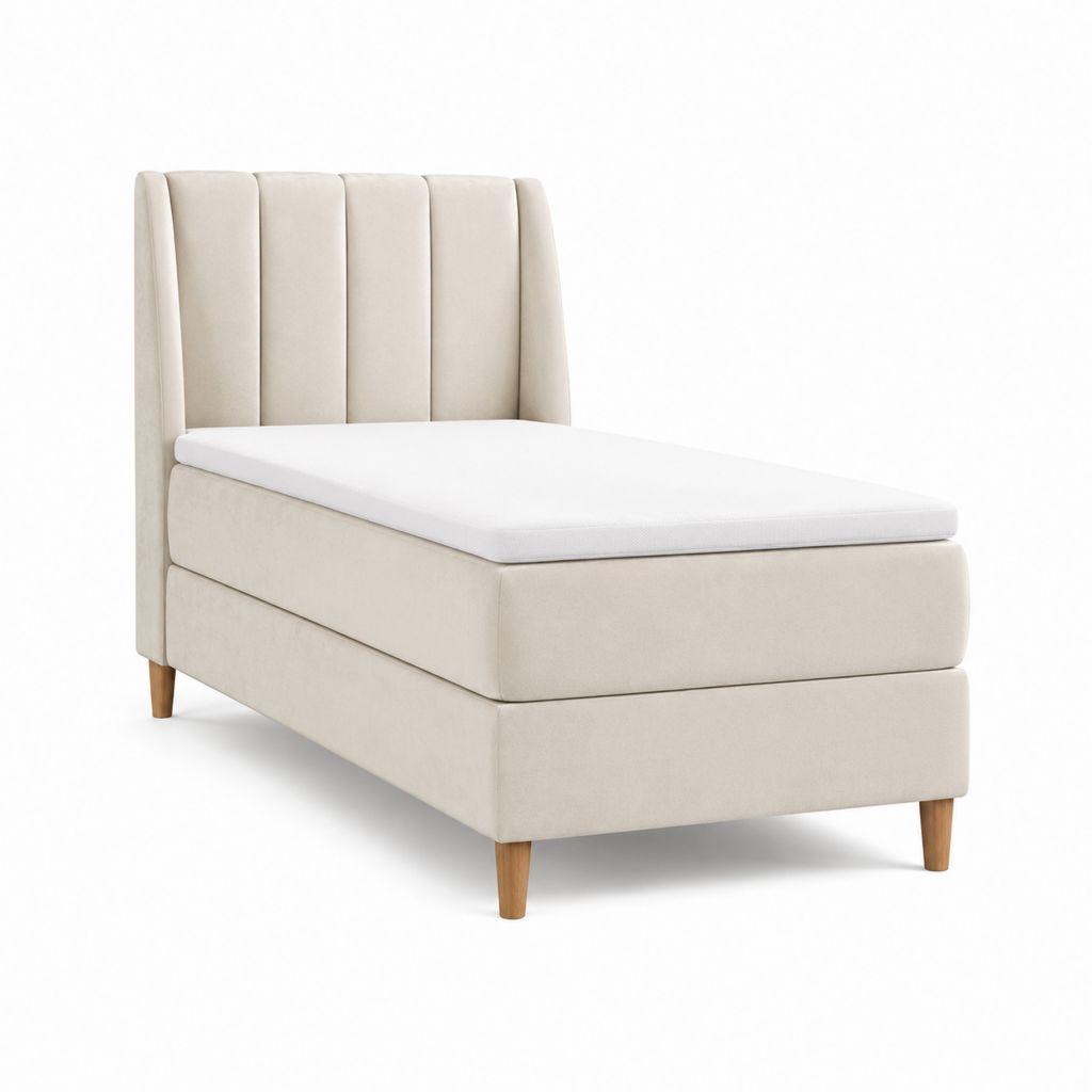 Lit simple boxspring rembourré en velours beige 90 × 200 cm avec tête de lit, matelas et topper