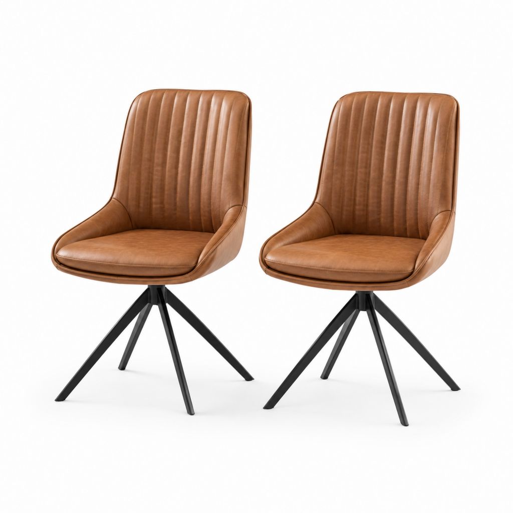 Ensemble de 2 chaises à manger rembourrées en simili cuir cognac avec jambes en acier noir, 57 × 61 × 86 cm