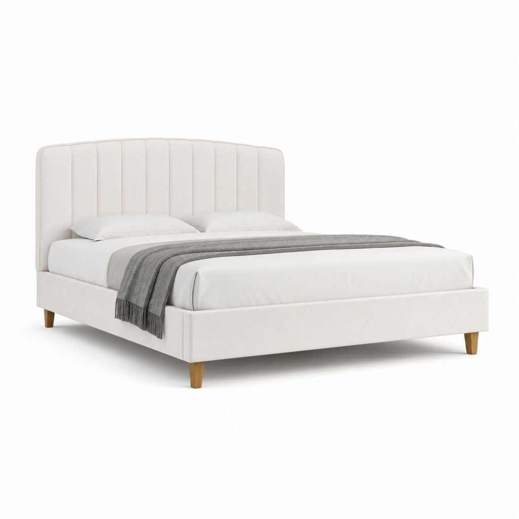 Lit double rembourré en tissu ivoire pour matelas 160 × 200 cm, dimensions 216 × 172 × 112 cm, avec tête rainurée et jambes en bois