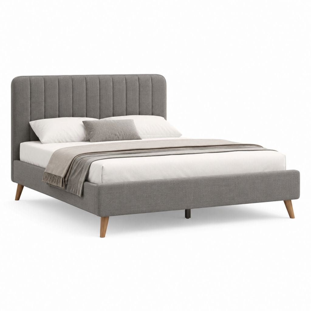 Lit double rembourré en tissu gris avec sommier à lattes, matelas 160 × 200 cm, dimensions 170 × 216 × 110 cm