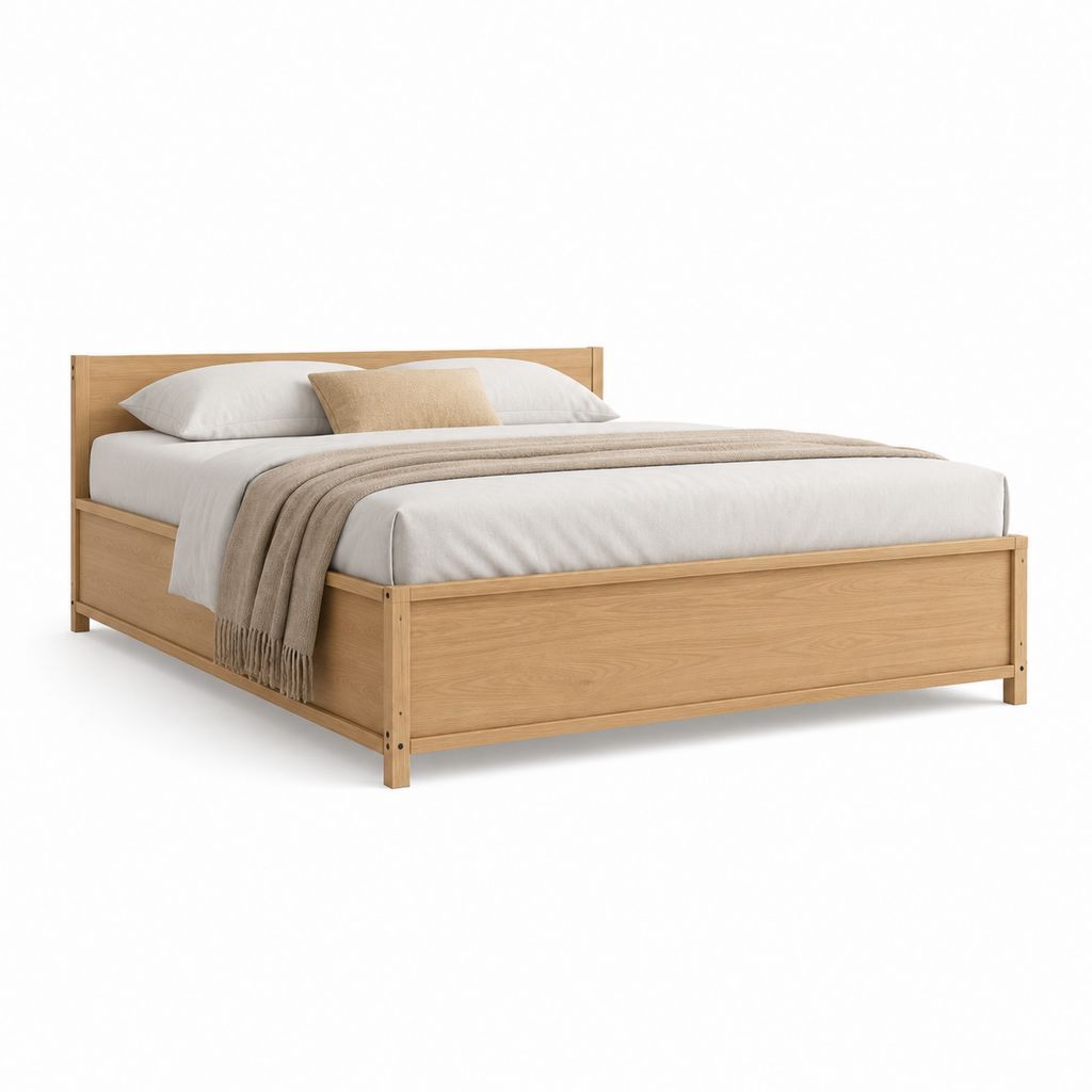 Lit double rectangulaire en chêne et MDF plaqué, chêne naturel, 215 × 169 × 100 cm, pour matelas 160 × 200 cm