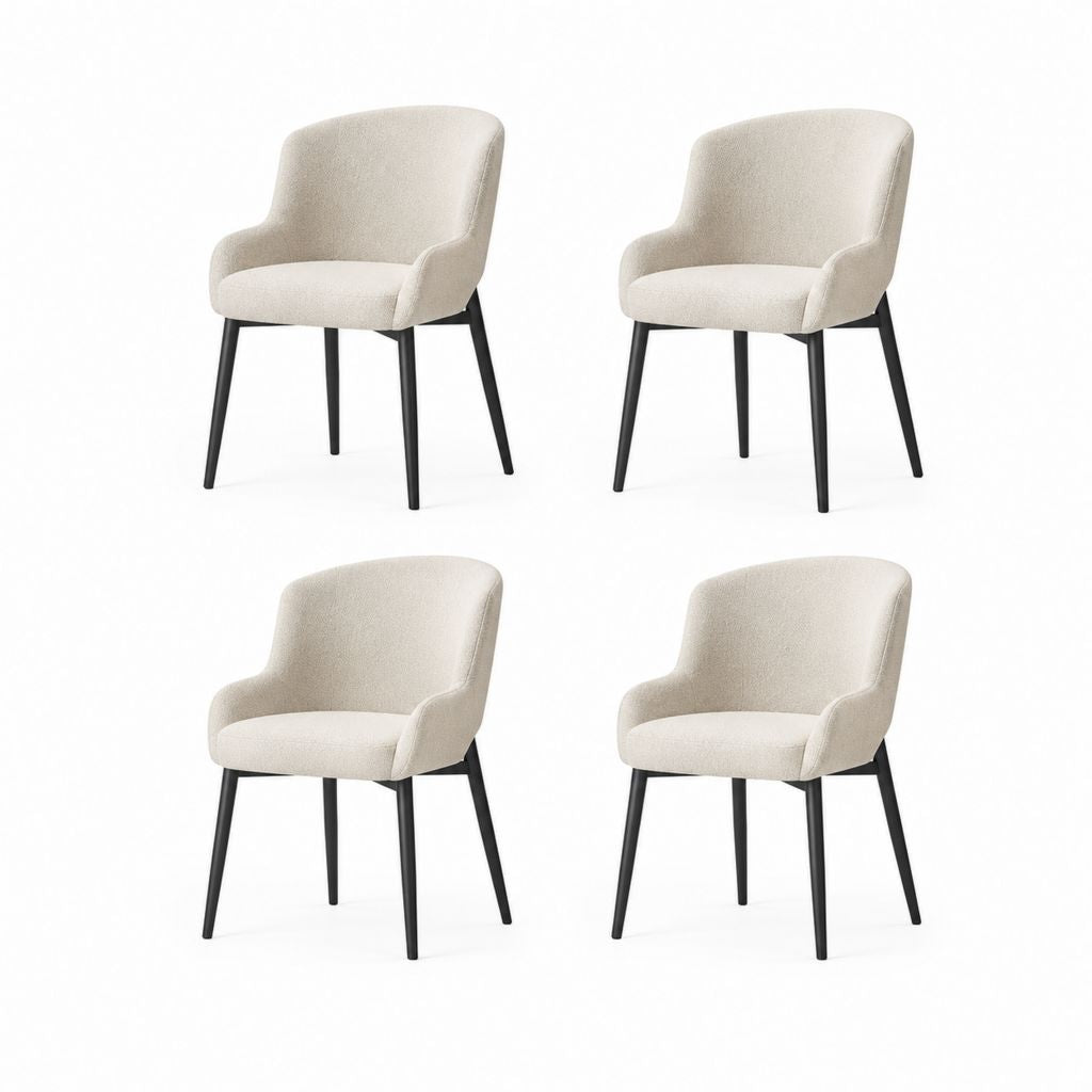 Groupe de 4 chaises rembourrées en tissu beige avec dossier incurvé, accoudoirs et jambes en acier noir, 57 × 59 × 81 cm