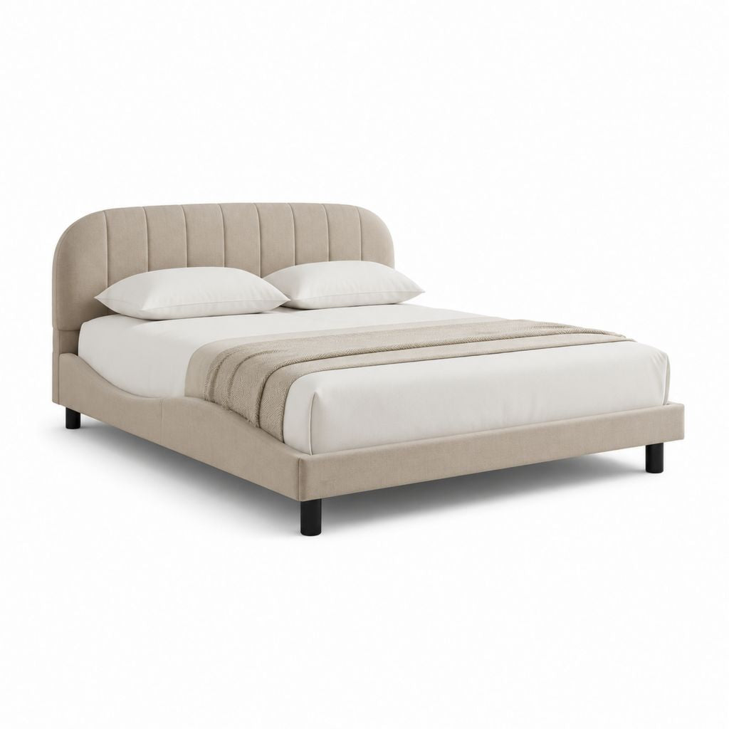Lit double rembourré beige en tissu avec tête arrondie et filet à lattes, 160 × 200 cm