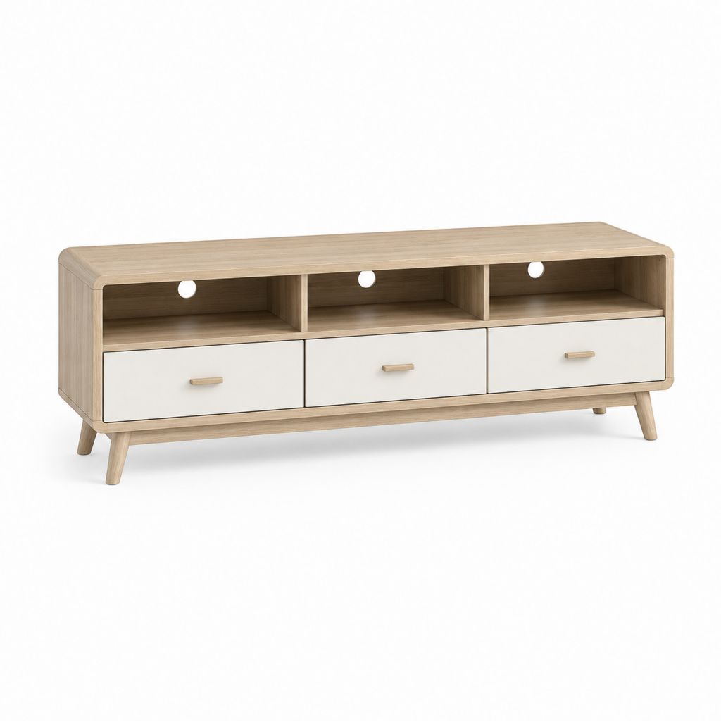 Mobile TV basse en bois avec 3 tiroirs, 3 compartiments ouverts et passe-câbles, chêne clair et blanc, 140 × 40 × 55 cm