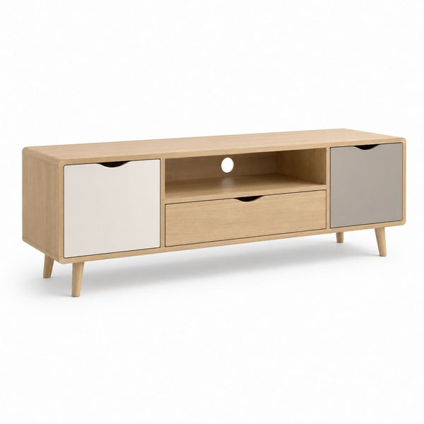 Mobile TV basse en MDF et bois avec 2 portes, 1 tiroir et compartiment ouvert, chêne naturel et beige, 120 × 40 × 55 cm