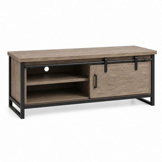 Mobile TV rectangulaire effet chêne brun et noir 120 × 40 × 57 cm en MDF mélaminé et acier avec porte coulissante