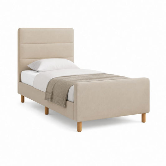 Lit simple rembourré en tissu beige avec filet à lattes, 100 × 202 × 110 cm, pour matelas 90 × 190 cm