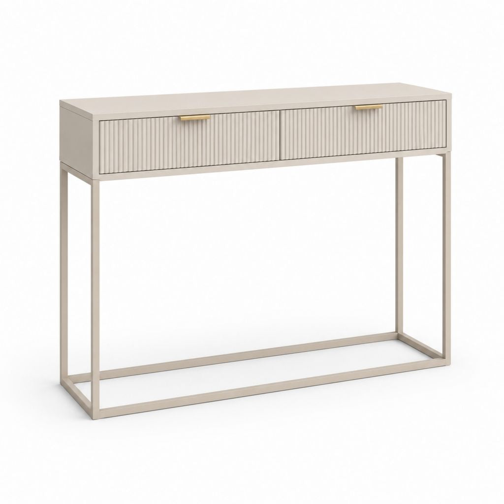 Console rectangulaire en MDF et acier avec 2 tiroirs, tourterelle et or, 120 × 35 × 80 cm