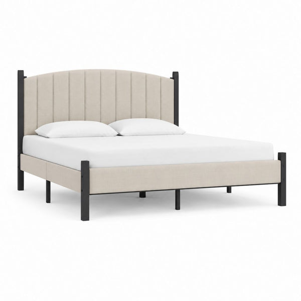 Lit double rembourré en tissu et acier beige et noir, 170 × 212 × 125 cm, pour matelas 160 × 200 cm