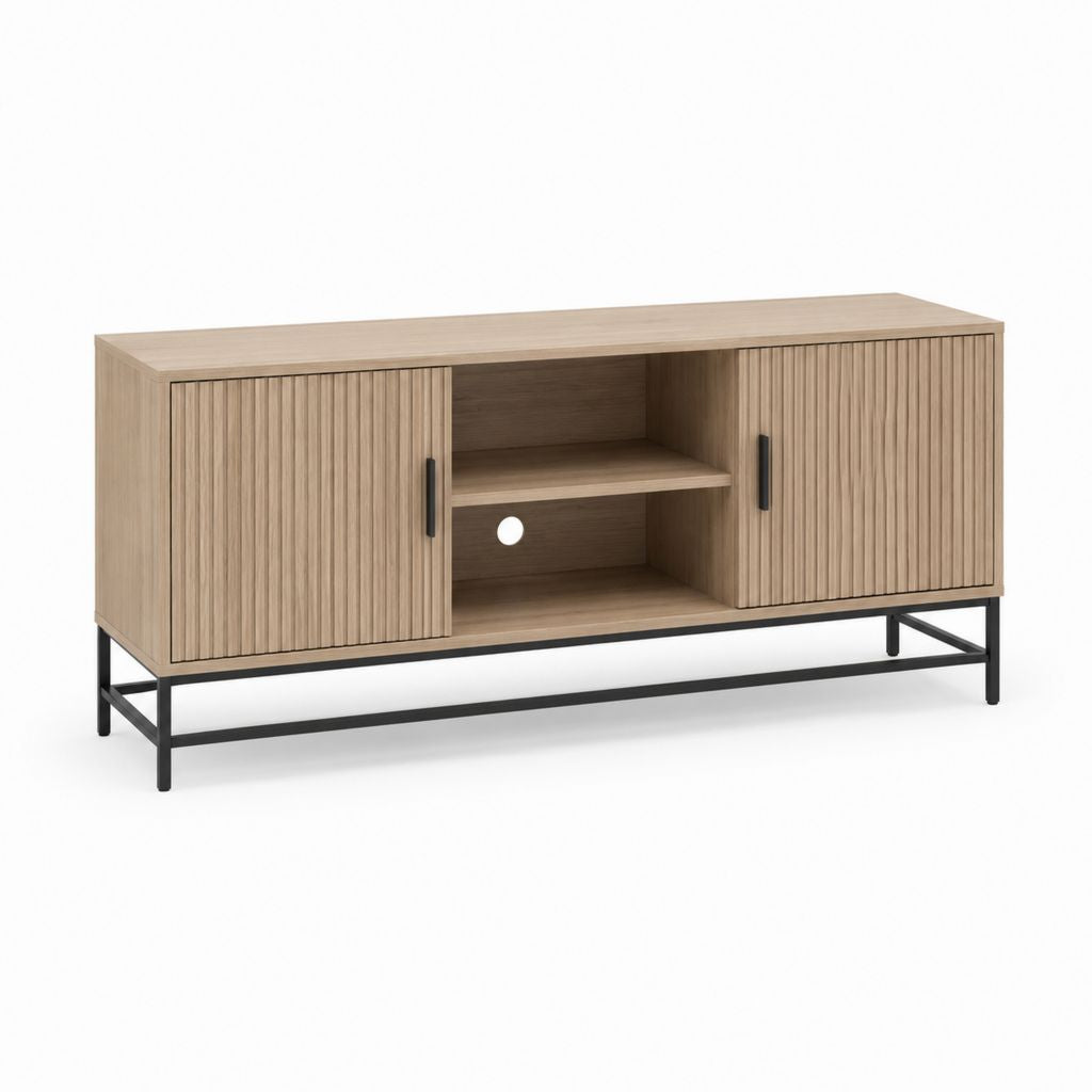 Mobile TV rectangulaire en bois et acier avec 2 portes rainurées et 2 compartiments ouverts, chêne naturel et noir, 140 × 40 × 70 cm