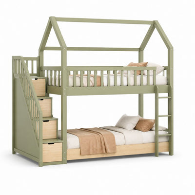 Lit superposé 90 × 190 cm en pin massif avec escalier container, vert sauge et bois naturel, 248 × 99 × 228 cm