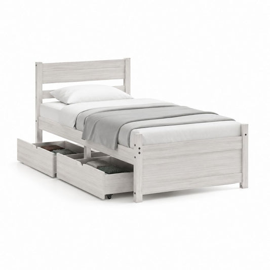 Lit simple en bois blanc décapé 209 × 99 × 90 cm avec filet à lattes et 2 tiroirs sur roues, pour matelas 90 × 200 cm