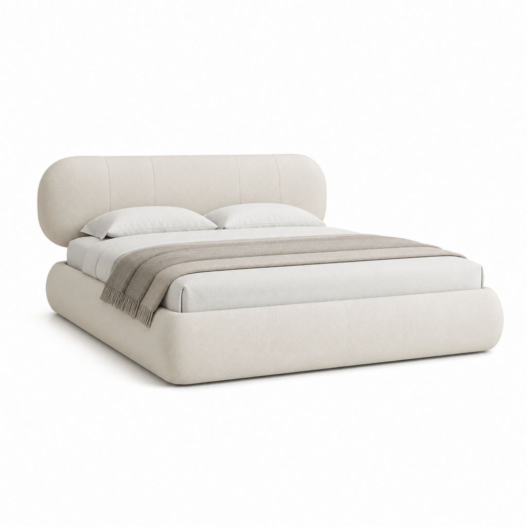 Lit double rembourré en polyester ivoire avec tête arrondie, matelas 160 × 200 cm, dimensions 225 × 190 × 105 cm