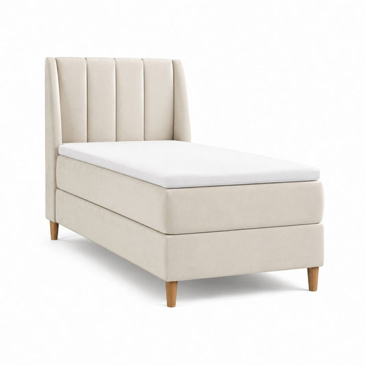 Lit simple boxspring rembourré en velours beige 90 × 200 cm avec tête de lit, matelas et topper