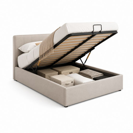 Lit double conteneur rembourré en tissu beige avec filet à lattes relevable, 170 × 215 × 100 cm, pour matelas 160 × 200 cm
