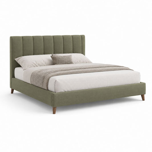 Lit double rembourré en tissu vert olive 175 × 218 × 112 cm avec filet à lattes 160 × 200 cm et tête de lit en panneaux