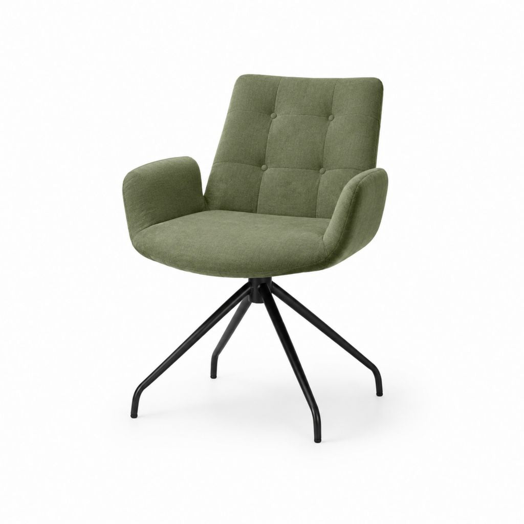 Chaise pivotante avec accoudoirs en polyester vert olive et acier noir, 66 × 62 × 84 cm