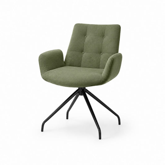 Chaise pivotante avec accoudoirs en polyester vert olive et acier noir, 66 × 62 × 84 cm