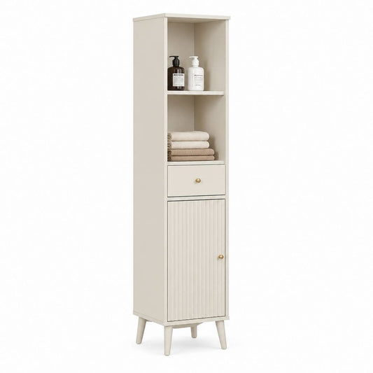 Mobilier à colonne en MDF beige avec 2 compartiments ouverts, tiroir et porte, 30 × 30 × 160 cm