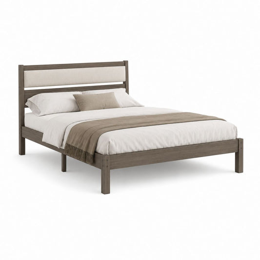 Lit double 160 × 200 cm en bois avec sommier à lattes et tête rembourrée, 208 × 168 × 115 cm, gris tourterelle et beige