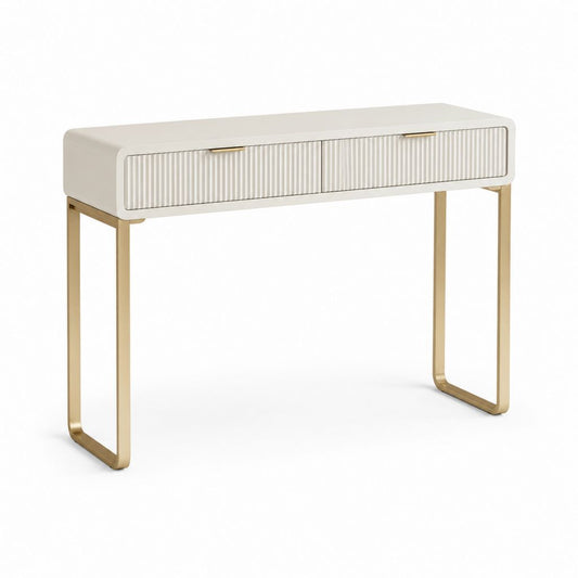 Console rectangulaire en bois et métal avec 2 tiroirs, blanc ivoire et or, 120 × 35 × 80 cm