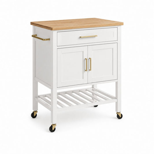 Chariot de cuisine rectangulaire en bois avec tiroir, armoire, plateau et roues, blanc, naturel et laiton, 67 × 37 × 88 cm