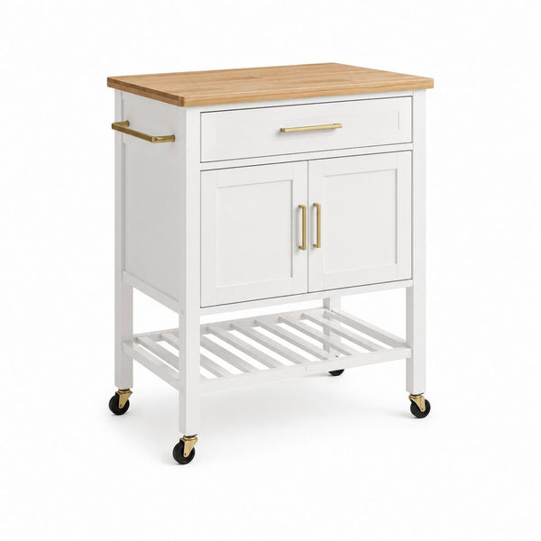 Chariot de cuisine rectangulaire en bois avec tiroir, armoire, plateau et roues, blanc, naturel et laiton, 67 × 37 × 88 cm