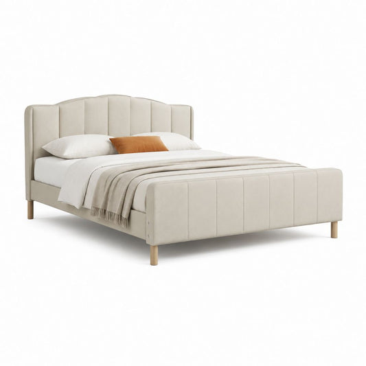 Structure lit double rembourré en tissu beige, 173 × 218 × 110 cm, filet 160 × 200 cm, avec tête de lit et pédier