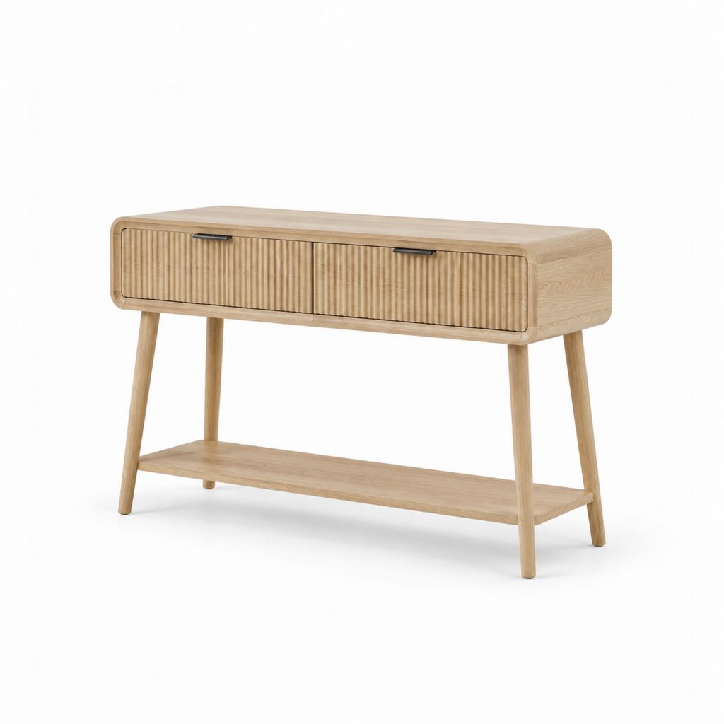 Console rectangulaire en bois et MDF plaqué chêne avec 2 tiroirs et étagère, 120 × 35 × 80 cm, chêne naturel et noir