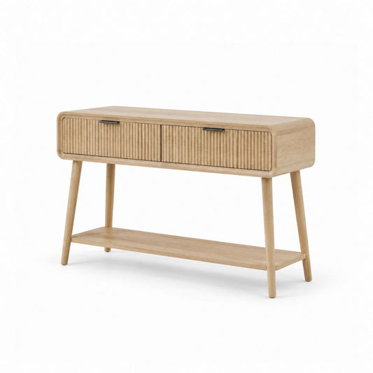 Console rectangulaire en bois et MDF plaqué chêne avec 2 tiroirs et étagère, 120 × 35 × 80 cm, chêne naturel et noir