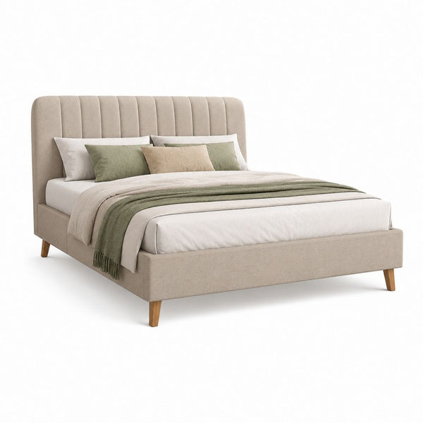 Lit double rembourré beige 160 × 200 cm avec tête rainurée en tissu et pieds en bois