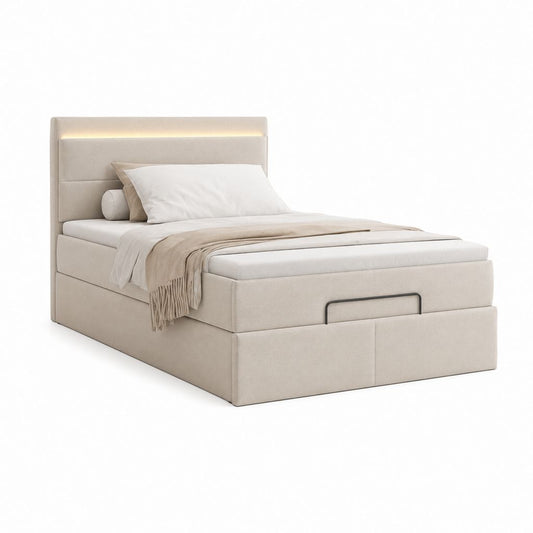 Lit de rangement 120 × 200 cm beige avec tête de lit rembourrée, éclairage LED et filet à lattes