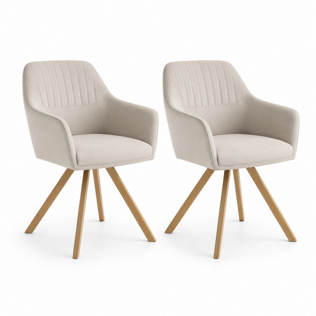 Ensemble de 2 chaises à manger rembourrées avec accoudoirs en tissu beige et jambes en bois, 59 × 60 × 83 cm
