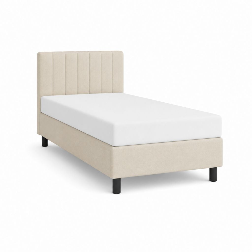 Lit simple rembourré en tissu beige et noir, surface 90 × 200 cm, dimensions 98 × 212 × 105 cm, tête de lit à panneaux verticaux