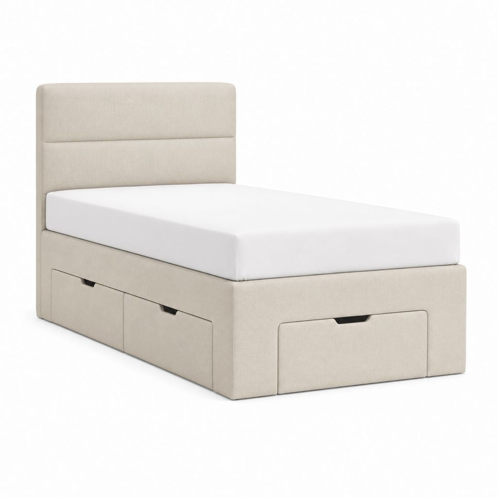 Lit simple avec récipient beige rembourré avec 2 tiroirs, pour matelas 90 × 190 cm, dimensions 99 × 202 × 110 cm