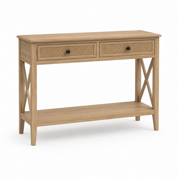 Console en bois et rotin avec 2 tiroirs et étagère inférieure, chêne naturel, 100 × 35 × 80 cm