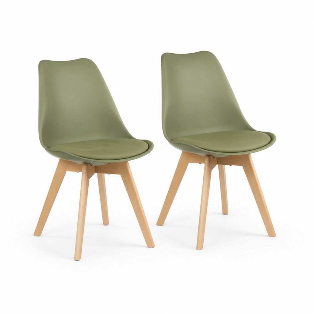 Ensemble de 2 chaises en plastique et similicuir avec pieds en bois, vert olive, 49 × 55 × 82 cm