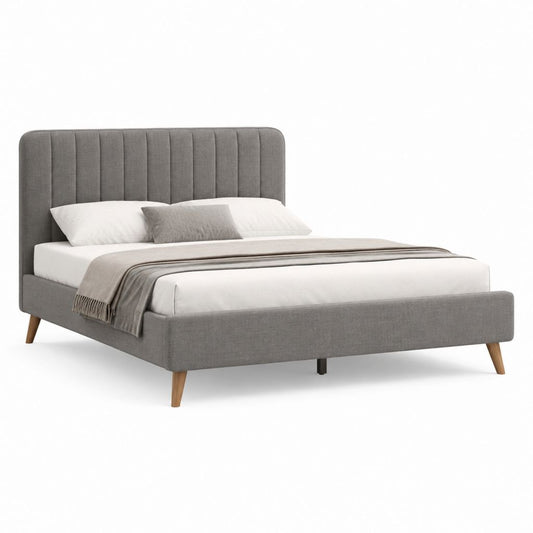 Lit double rembourré en tissu gris avec sommier à lattes, matelas 160 × 200 cm, dimensions 170 × 216 × 110 cm