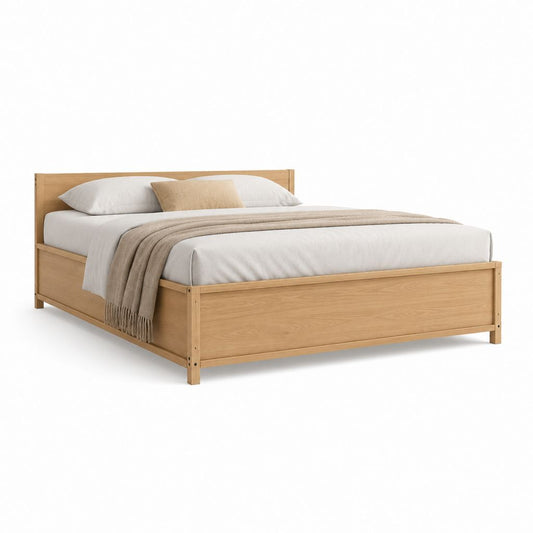 Lit double rectangulaire en chêne et MDF plaqué, chêne naturel, 215 × 169 × 100 cm, pour matelas 160 × 200 cm