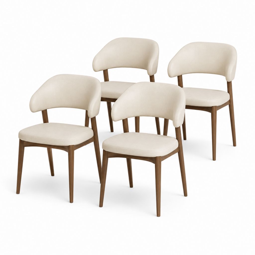 Ensemble de 4 chaises à manger rembourrées crème et brun noyer, en polyester et bois massif, 54 × 58 × 78 cm