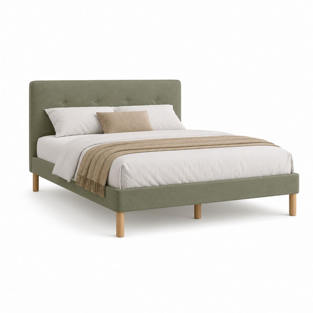 Lit double rembourré vert olive avec filet à lattes et pieds en bois, surface 160 × 200 cm, dimensions 214 × 171 × 105 cm