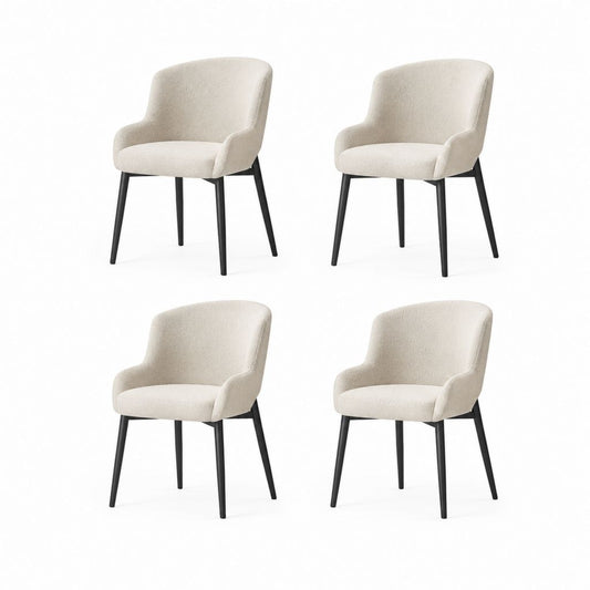 Groupe de 4 chaises rembourrées en tissu beige avec dossier incurvé, accoudoirs et jambes en acier noir, 57 × 59 × 81 cm