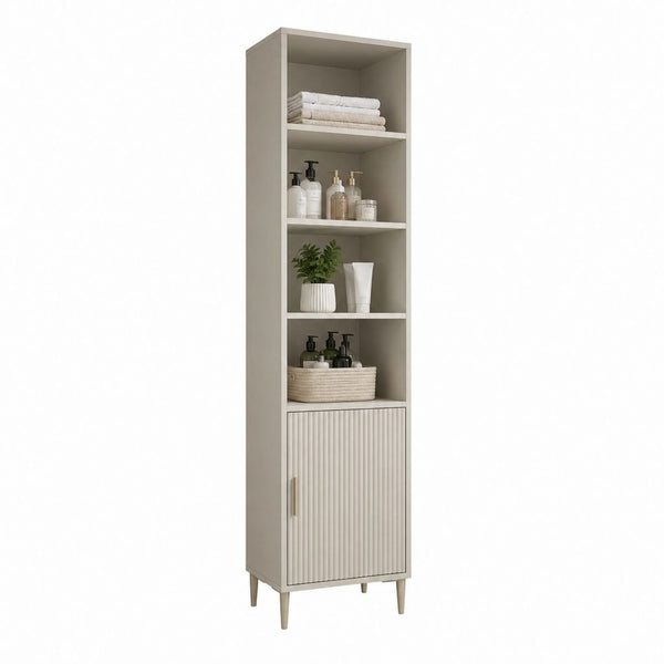 Colonne de rangement en MDF et bois de construction avec 4 compartiments ouverts et 1 porte, tourterelle et or mat, 40 × 35 × 190 cm