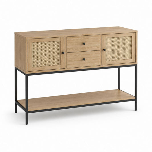 Console de rangement rectangulaire en panneaux de particules, rotin et acier avec 2 portes, 2 tiroirs et plateau, chêne naturel, beige et noir, 120 × 35 × 80 cm