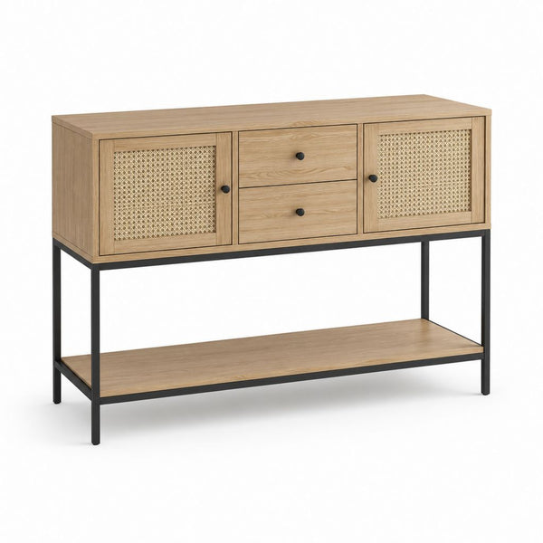 Console de rangement rectangulaire en panneaux de particules, rotin et acier avec 2 portes, 2 tiroirs et plateau, chêne naturel, beige et noir, 120 × 35 × 80 cm