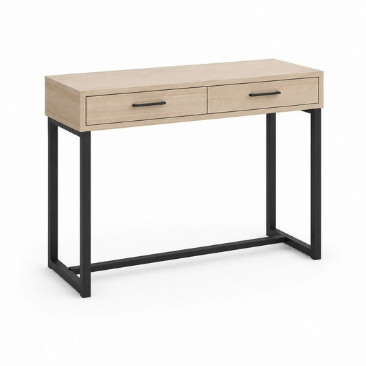 Console en bois et acier avec 2 tiroirs, chêne clair et noir, 100 × 35 × 80 cm