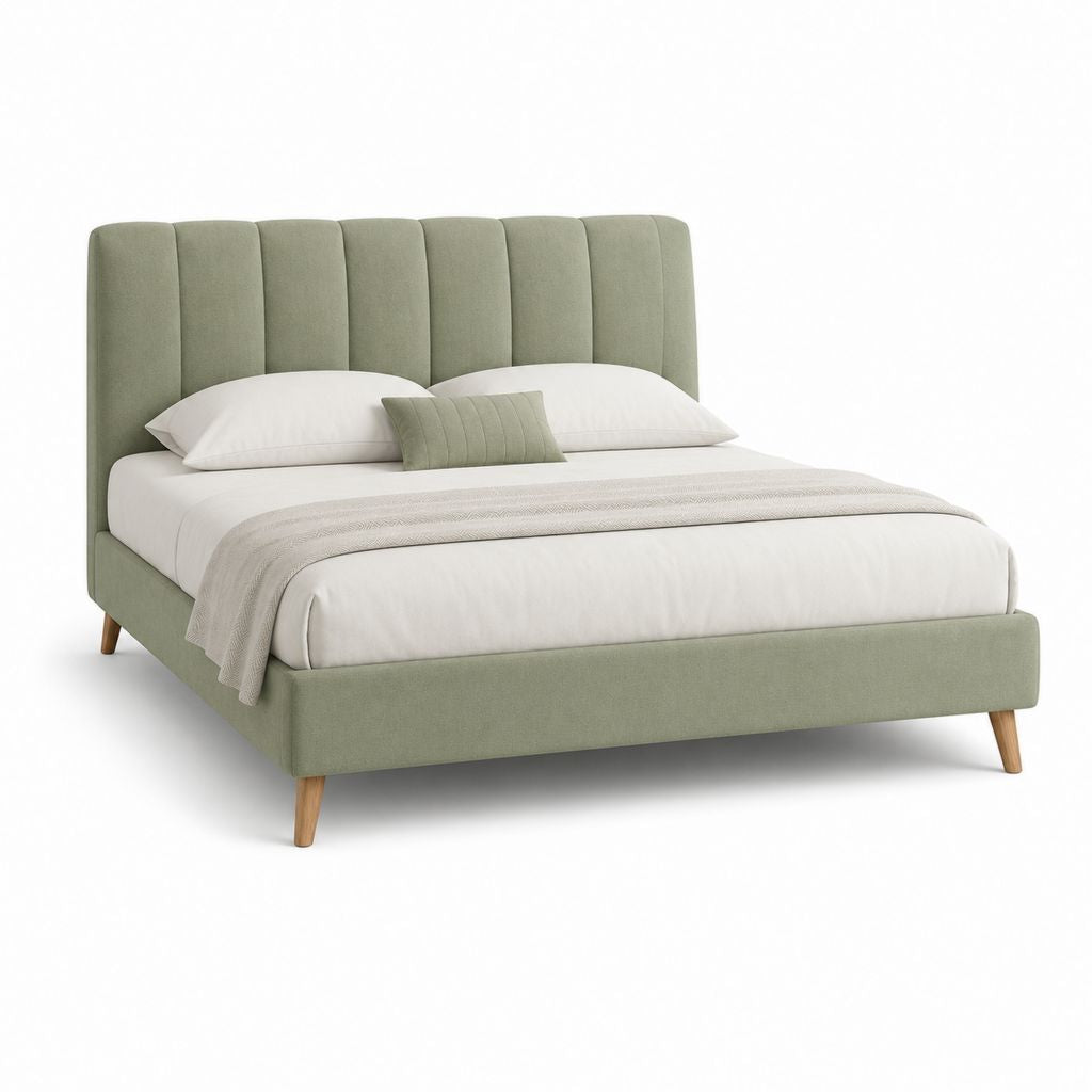 Lit double rembourré 160 × 200 cm en polyester vert sauge avec tête rainurée et filet à lattes