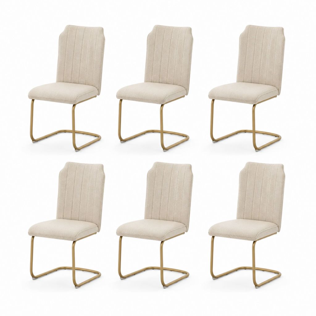 Ensemble de 6 chaises à manger rembourrées en tissu beige avec structure en traîneau en acier doré, 43 × 55 × 89 cm